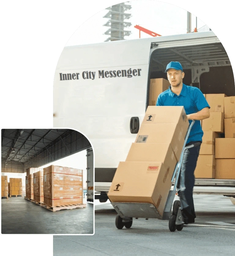 Worker moving large boxes on a dolly at a warehouse or delivery site.